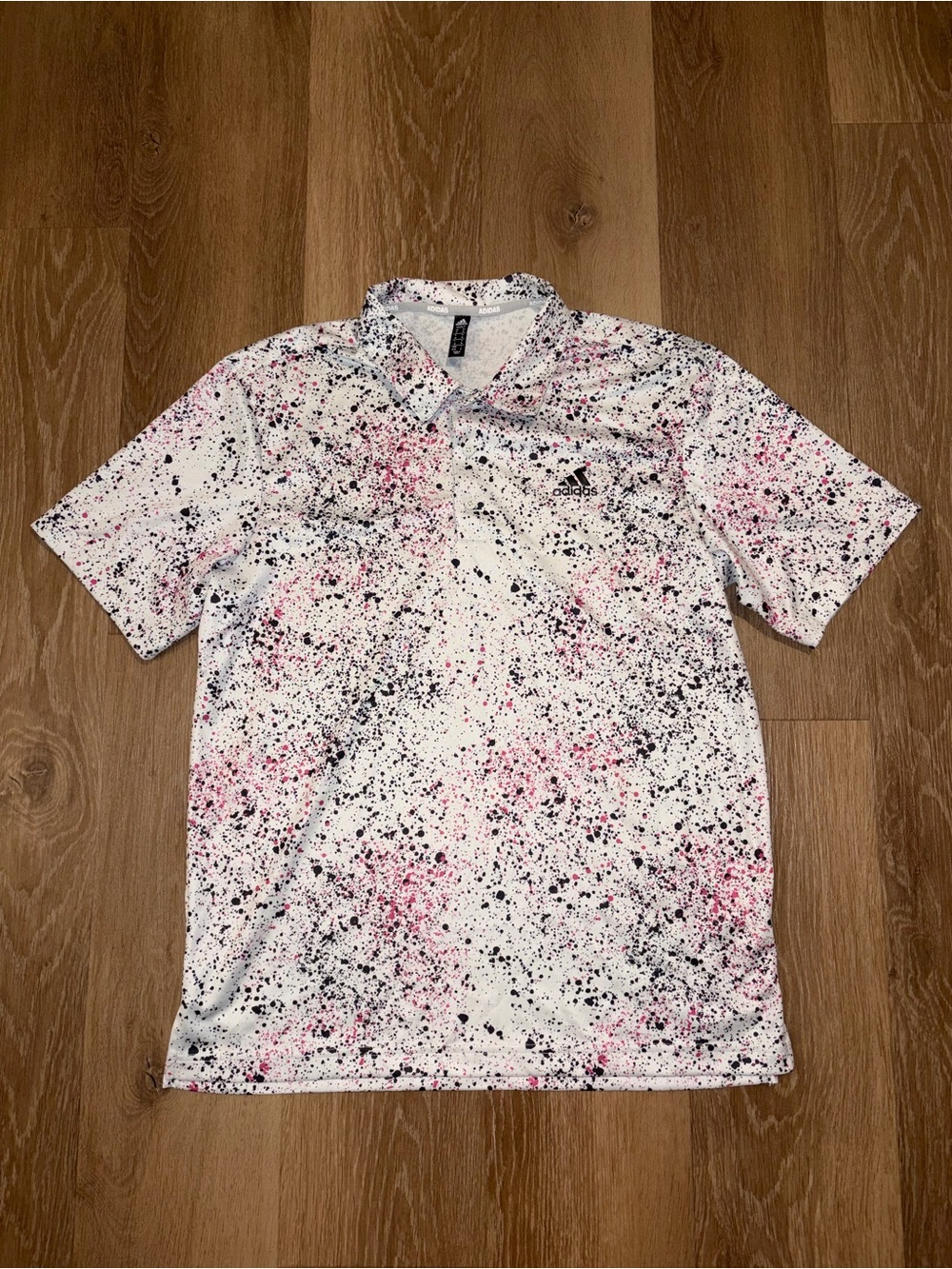 Adidas Golf Polo Shirt Men's Medium White/Pink/Black Splatter Print Performance